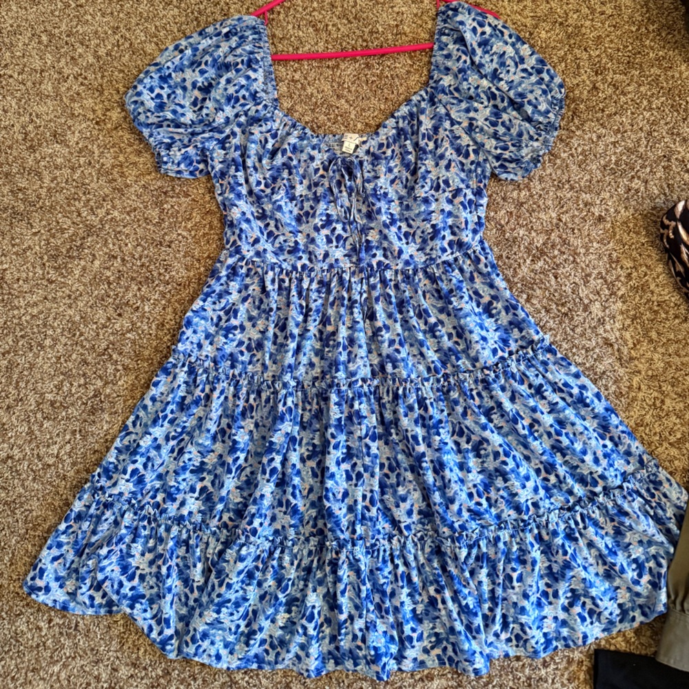 She + Sky Blue and White Puff Sleeve Sundress